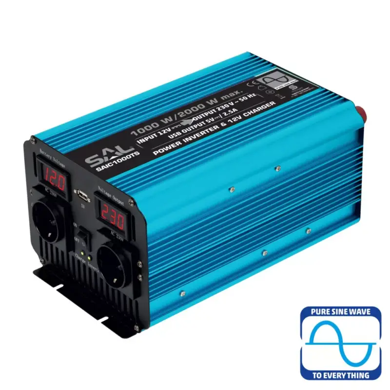 Alacsony ár SAL SAIC1000TS feszültségátalakító, ~1000 W névleges telj., tiszta szinuszos, 2 védőérintkezős aljzat, szünetmentes tápegység, USB, visszajelző LED, lágyindítás