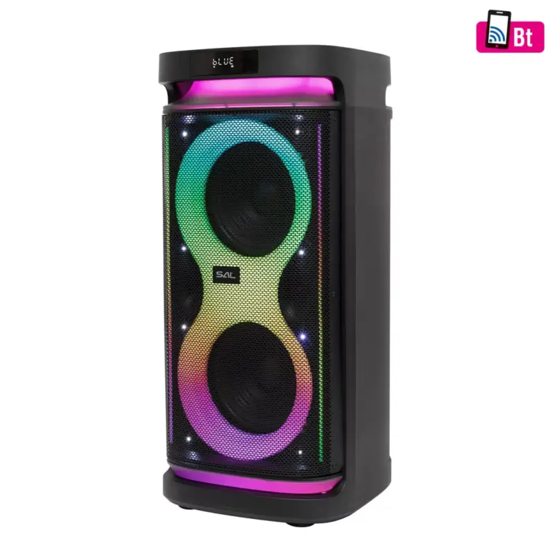 Népszerű SAL PAR2400BT party hangdoboz, 160 Watt, beépített akkumulátor és LED fény, Bluetooth, USB/microSD zenelejátszás, gitár és mikrofon bemenetek, 2-utas, 3 hangszóró