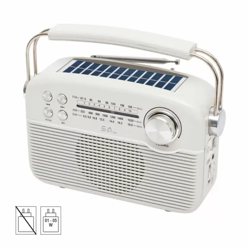 Korlátozott ajánlat SAL RPR9 napelemes rádió multimédia lejátszóval, FM-AM-SW rádió, Bluetooth, USB és microSD csatlakozás, beépített akkumulátor