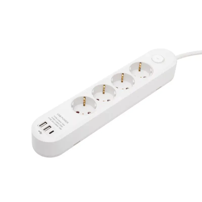HOME NV4KUSBC hálózati elosztó, 1,5 m, H05VV-F 3G1,5 mm2 kábel, 4 védőérintkezős aljzat, USB töltőaljzat, max. 3680W, kétpólusú kapcsoló, beltéri kivitel Outlet