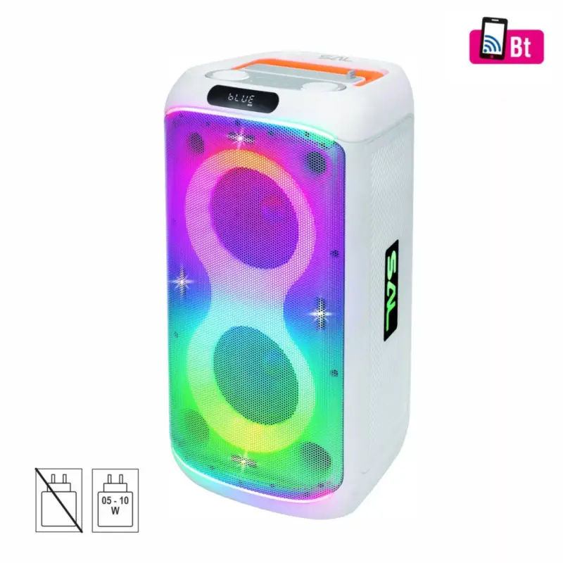 Olcsó SAL PAR216WH party hangfal, 60 W, 2-utas bassz-reflex, 3 hangszóró, Bluetooth, MP3, digitális kijelző, LED fényeffekt, mikrofonnal