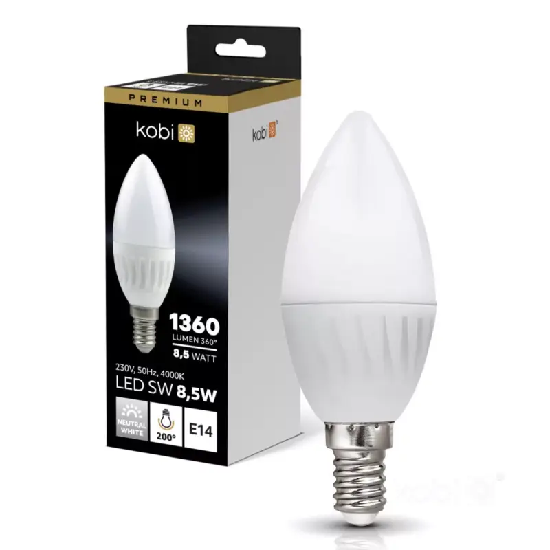 Biztonságos vásárlás E14 LED-fényforrás, 8.5 W, Természetes fehér, Prémium NW 4000K 1360lm, KOBI-004459 KOBI