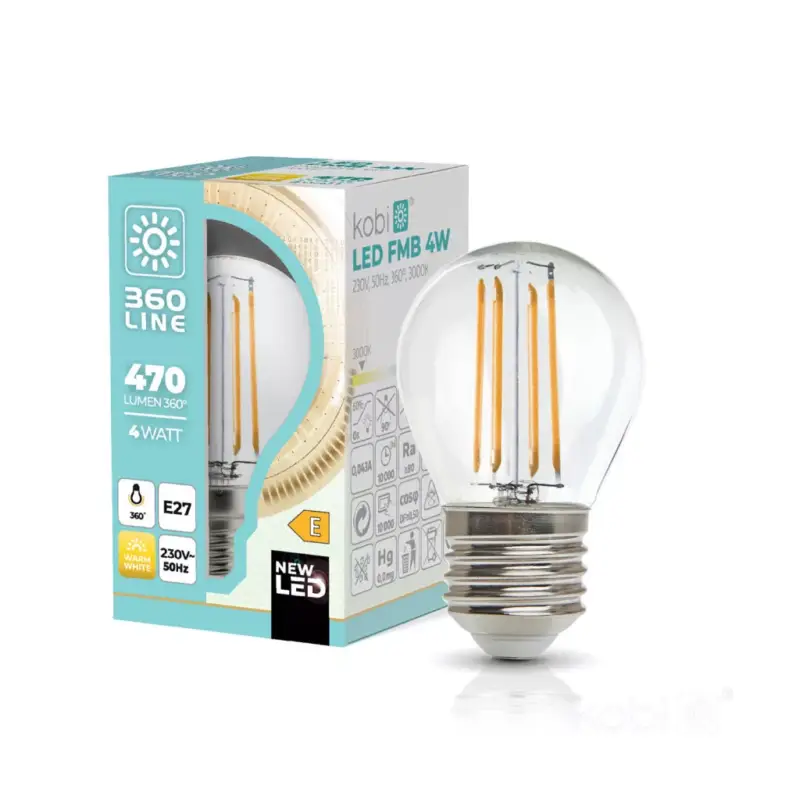 E27 LED-fényforrás, 4 W, filament, Meleg fehér WW 3000K 470lm, KOBI-001146 KOBI Kiárusítás
